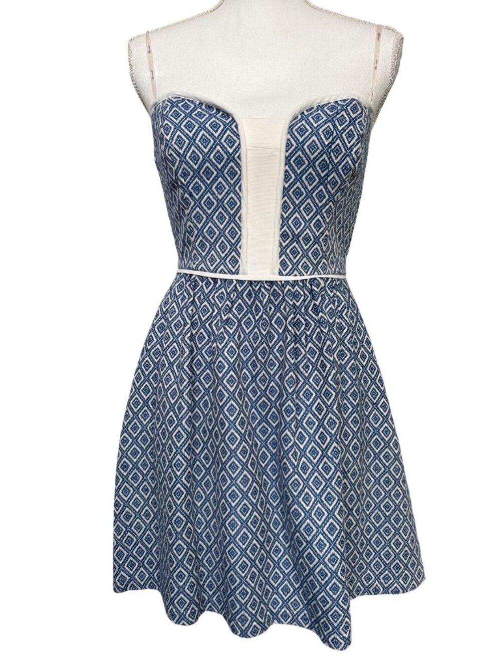 Ella Moss Blue White Diamond Print Strapless Dress S Fit & Flare Cotton Blend